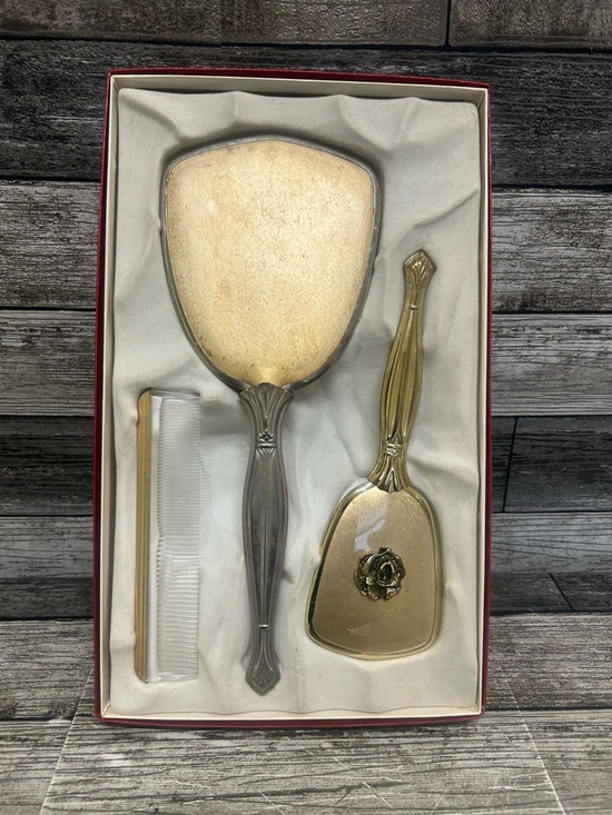 Accessories - VINTAGE 3pc Gold Tone Vanity Set: Hand Mirror, Hair Brush & Comb in Box